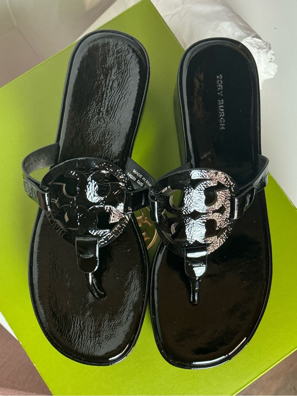 Tory Burch Miller Wedge 25MM Black Patent Leather Sandals Size 7.5